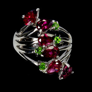925 Sterling Silver Ring Pear Rhodolite Garnet Chrome Diopside Gemstone Size 7