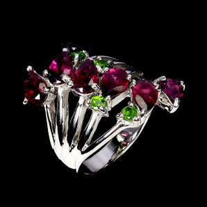 925 Sterling Silver Ring Pear Rhodolite Garnet Chrome Diopside Gemstone Size 7