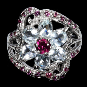 925 Sterling Silver Ring Oval Aquamarine 5x4mm Rhodolite Gemstone Jewelry Size 7