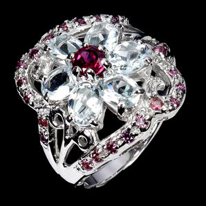 925 Sterling Silver Ring Oval Aquamarine 5x4mm Rhodolite Gemstone Jewelry Size 7