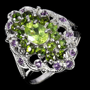 925 Sterling Silver Ring Oval Peridot 7x5mm Amethyst Gemstone Jewelry Size 9