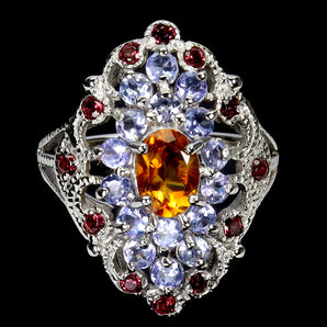 925 Sterling Silver Ring Oval Citrine 7x5mm Rhodolite Tanzanite Gemstone Size 9