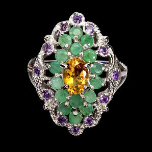 925 Sterling Silver Ring Oval Citrine 7x5mm Emerald Gemstone Jewelry Size 9