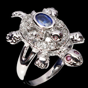 925 Sterling Silver Ring Oval Kyanite 6x4mm Rhodolite Turtle Gemstone Jewelry 9