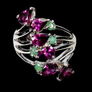 925 Sterling Silver Ring Pear Rhodolite 6x4mm Emerald Gemstone Jewelry Size 8
