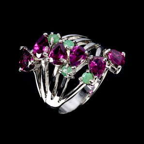 925 Sterling Silver Ring Pear Rhodolite 6x4mm Emerald Gemstone Jewelry Size 8