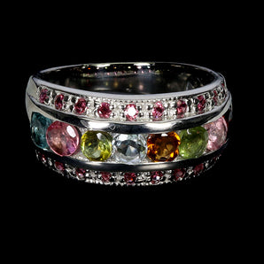 925 Sterling Silver Ring Round Tourmaline Rhodolite Garnet Gemstone Jewelry Sz 9