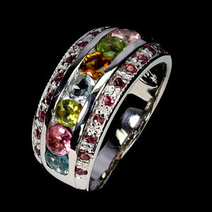 925 Sterling Silver Ring Round Tourmaline Rhodolite Garnet Gemstone Jewelry Sz 9