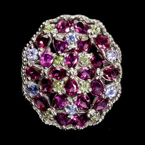 925 Sterling Silver Ring Pear Rhodolite Peridot Tanzanite Gemstone Jewelry Sz 9