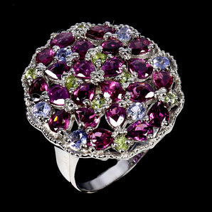 925 Sterling Silver Ring Pear Rhodolite Peridot Tanzanite Gemstone Jewelry Sz 9