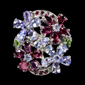 925 Sterling Silver Ring Pear Tanzanite 5x3mm Rhodolite Gemstone Jewelry Size 8