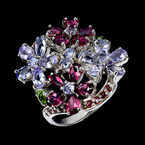 925 Sterling Silver Ring Pear Tanzanite 5x3mm Rhodolite Gemstone Jewelry Size 8