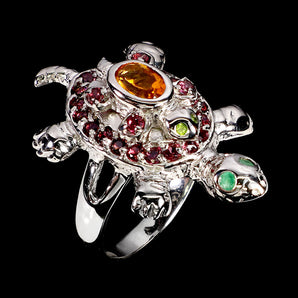 925 Sterling Silver Ring Oval Citrine 6x4mm Emerald Turtle Gemstone Jewelry Sz 8