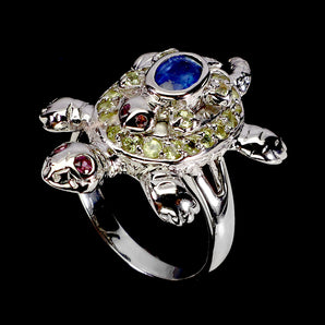 925 Sterling Silver Ring Oval Kyanite 6x4mm Peridot Turtle Gemstone Jewelry Sz 8
