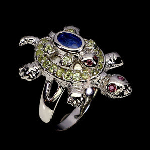 925 Sterling Silver Ring Oval Kyanite 6x4mm Peridot Turtle Gemstone Jewelry Sz 8