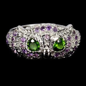 925 Sterling Silver Ring Round Chrome Diopside Amethyst Owl Gemstone Jewelry 8.5