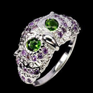 925 Sterling Silver Ring Round Chrome Diopside Amethyst Owl Gemstone Jewelry 8.5