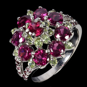 925 Sterling Silver Ring Round Rhodolite Garnet Peridot Gemstone Jewelry Size 7