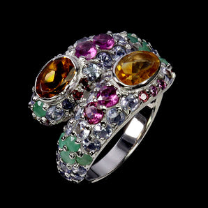 925 Sterling Silver Ring Oval Citrine Emerald Tanzanite Gemstone Jewelry Sz 7.5