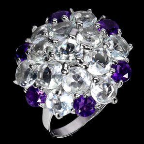 925 Sterling Silver Ring Round Aquamarine 5mm Amethyst Gemstone Jewelry Size 8