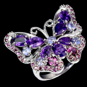925 Sterling Silver Ring Oval Amethyst Tanzanite Butterfly Gemstone Jewelry Sz 7