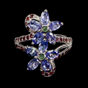 925 Sterling Silver Ring Oval Tanzanite Emerald Rhodolite Gemstone Jewelry 7.5