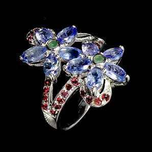 925 Sterling Silver Ring Oval Tanzanite Emerald Rhodolite Gemstone Jewelry 7.5