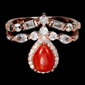 925 Sterling Silver Ring Pear Coral Italy 8x6mm Natural Gemstone Jewelry Size 7