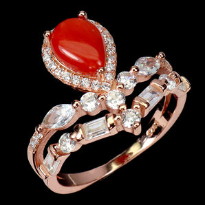 925 Sterling Silver Ring Pear Coral Italy 8x6mm Natural Gemstone Jewelry Size 7