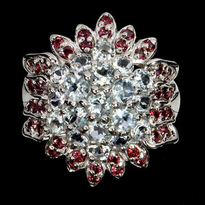 925 Sterling Silver Ring Round Aquamarine Rhodolite Garnet Gemstone Jewelry 8.5