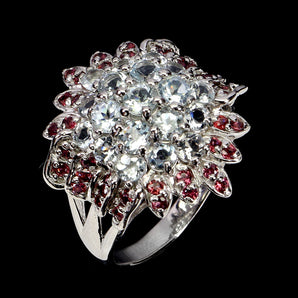 925 Sterling Silver Ring Round Aquamarine Rhodolite Garnet Gemstone Jewelry 8.5