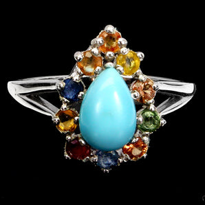 925 Sterling Silver Ring Pear Turquoise 8x6mm Sapphire Gemstone Jewelry Size 8.5