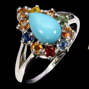 925 Sterling Silver Ring Pear Turquoise 8x6mm Sapphire Gemstone Jewelry Size 8.5