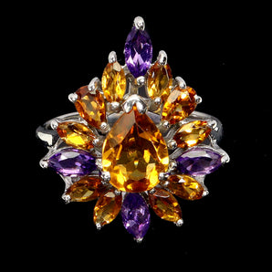 925 Sterling Silver Ring Pear Citrine 9x7mm Amethyst Gemstone Jewelry Size 8