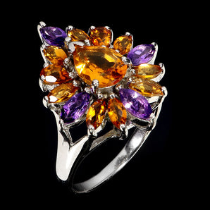 925 Sterling Silver Ring Pear Citrine 9x7mm Amethyst Gemstone Jewelry Size 8