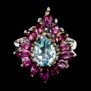925 Sterling Silver Ring Pear Aquamarine 9x7mm Rhodolite Gemstone Jewelry Size 9