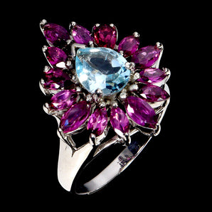 925 Sterling Silver Ring Pear Aquamarine 9x7mm Rhodolite Gemstone Jewelry Size 9
