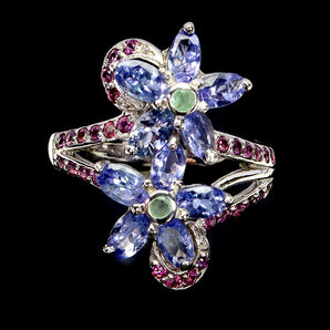 925 Sterling Silver Ring Oval Tanzanite Emerald Rhodolite Gemstone Jewelry Sz 8