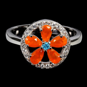 925 Sterling Silver Ring Pear Orange Opal Apatite Flower Gemstone Jewelry Sz 8