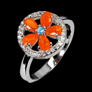 925 Sterling Silver Ring Pear Orange Opal Apatite Flower Gemstone Jewelry Sz 8
