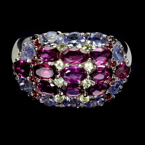 925 Sterling Silver Ring Oval Rhodolite Peridot Tanzanite Gemstone Jewelry 8.5