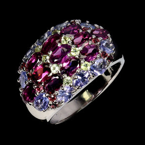 925 Sterling Silver Ring Oval Rhodolite Peridot Tanzanite Gemstone Jewelry 8.5