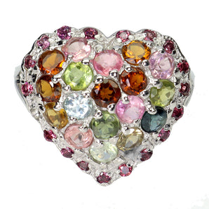 925 Sterling Silver Ring Round Tourmaline Rhodolite Garnet Gemstone Jewelry 8.5