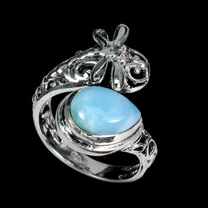 925 Sterling Silver Ring Pear Larimar 10x7mm Dragonfly Gemstone Jewelry Size 6