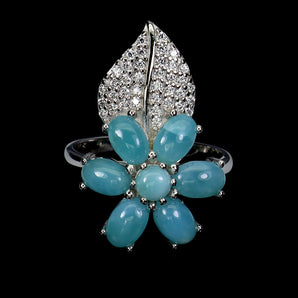 925 Sterling Silver Ring Oval Larimar 6x4mm Flower Natural Gemstone Jewelry 7.5