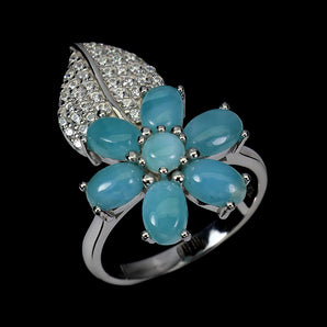 925 Sterling Silver Ring Oval Larimar 6x4mm Flower Natural Gemstone Jewelry 7.5