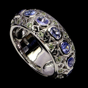 925 Sterling Silver Ring Oval Tanzanite 4x3mm Peridot Gemstone Jewelry Size 8