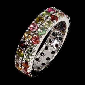 925 Sterling Silver Ring Round Tourmaline Natural Gemstone Jewelry Size 8.5