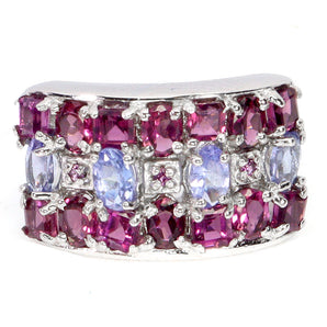 925 Sterling Silver Ring Oval Tanzanite 4x3mm Rhodolite Gemstone Jewelry Size 7