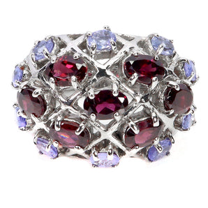 925 Sterling Silver Ring Oval Rhodolite Garnet Tanzanite Gemstone Jewelry Size 8